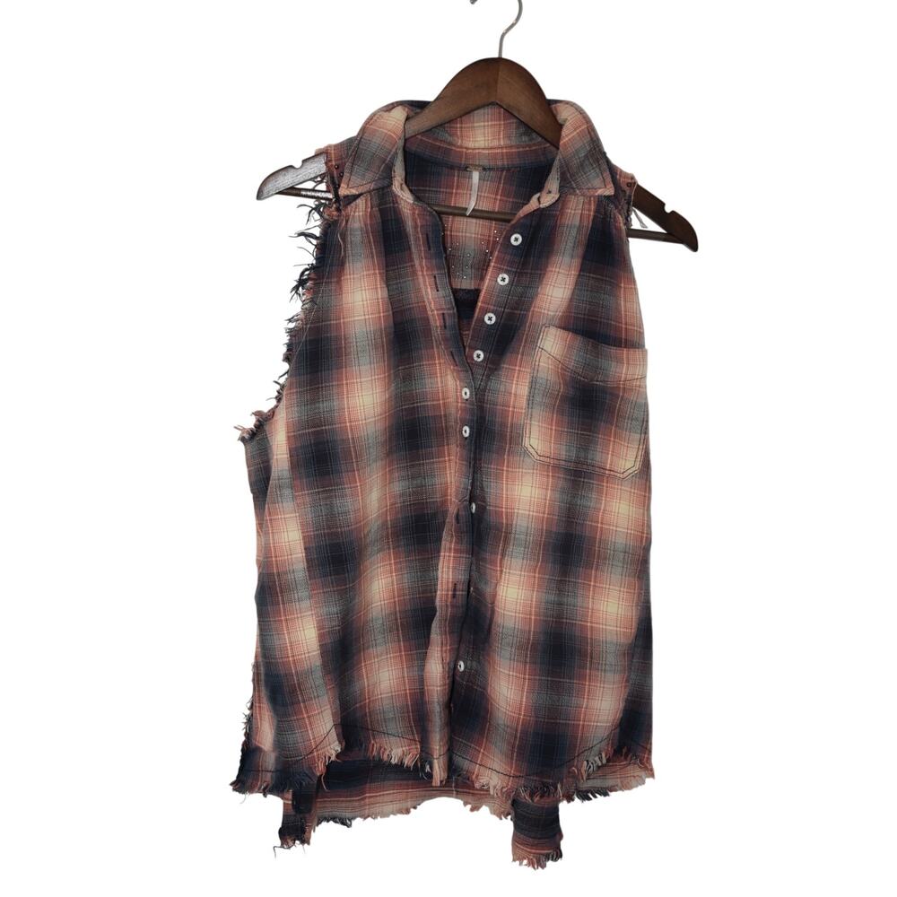 Free People Take Me On Studded Pink Plaid Button Down Size S